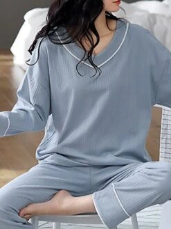 Women's Pajamas Sets Nighty Pjs 2 Pieces Pure Color Fashion Simple Comfort Home Daily Bed Cotton Breathable Gift V Wire Long Sleeve Pant Elastic Waist Fall Spring Green Blue -Deals The Sexy Bra Store dimmjc1640598862205