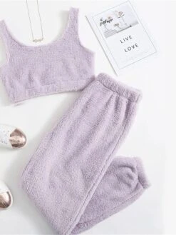 Women's Solid Plush Tank Top And Pants Lounge Sets Casual Comfort Soft Home Street Daily Polyester Breathable Elastic Waist Fall Winter Black White -Deals The Sexy Bra Store disbrc1688541589727