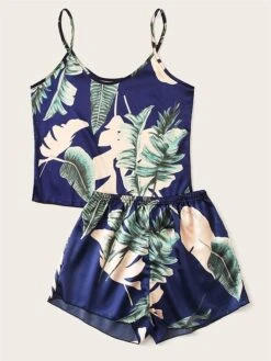 Women's Pajamas Pajama Top And Pant Sets Star Leaves Casual Comfort Sweet Home Daily Bed Satin Breathable Straps Sleeveless Strap Top Shorts Backless Spring Fall Black White -Deals The Sexy Bra Store dmoafv1677650266239