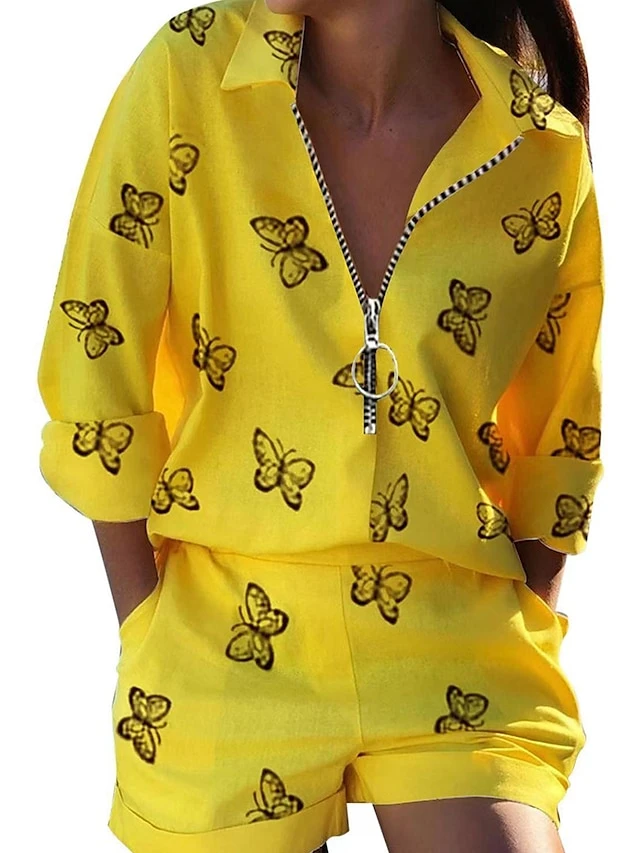 Women's Loungewear Sets Butterfly Letter Fashion Casual Street Date Airport Polyester Breathable Lapel Short Sleeve Shorts Summer Spring Black White 1 Women's Loungewear Sets Butterfly Letter Fashion Casual Street Date Airport Polyester Breathable Lapel Short Sleeve Shorts Summer Spring Black White