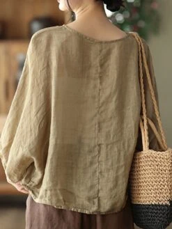 Women's Plus Size Loungewear Top Pure Color Simple Casual Comfort Home Daily Vacation Linen Breathable Crew Neck Long Sleeve Shirt Summer Spring Black Purple -Deals The Sexy Bra Store dndeyb1681275705947