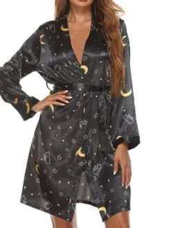 Women's Pajamas Robes Gown Bathrobes Nighty 1 PCS Star Flower Fashion Retro Comfort Home Wedding Party Spa Satin V Wire Long Sleeve Print Belt Included Spring Summer Black Blue -Deals The Sexy Bra Store dotvqj1643189538668