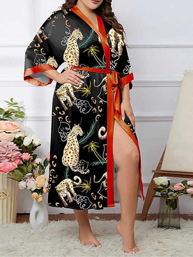 Women's Plus Size Pajamas Bathrobe Animal Flower Simple Casual Comfort Home Bed Polyester Breathable V Wire Long Sleeve Fall Winter 2669 Night Leopard 2669 Peacock Pollen 4 Women's Plus Size Pajamas Bathrobe Animal Flower Simple Casual Comfort Home Bed Polyester Breathable V Wire Long Sleeve Fall Winter 2669 Night Leopard 2669 Peacock Pollen - Image 4