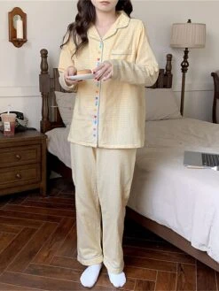 Women's Loungewear Sets Heart Grid / Plaid Fashion Comfort Soft Home Daily Bed Cotton Breathable Lapel Long Sleeve Shirt Pant Button Pocket Fall Winter Yellow -Deals The Sexy Bra Store dqibxf1695281899313