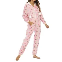 Women's Pajamas Jumpsuit Star Warm Fashion Casual Home Daily Bed Polyester Breathable Hoodie Long Sleeve Pocket Fall Winter Pink