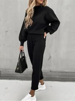 Women's Lounge Sets Sweatshirt Drawstring Pants Pure Color Fashion Comfort Soft Street Daily Vacation Polyester Breathable Crew Neck Long Sleeve Pant Elastic Waist Summer Fall Black Khaki -Deals The Sexy Bra Store drabju1689845877059