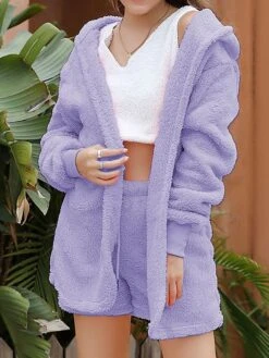 Women's Pajamas Sets Pure Color Warm Fashion Soft Home Daily Bed Polyester Warm Hoodie Long Sleeve Tank Top Shorts Hoodie Fall Winter Deep Purple Off White -Deals The Sexy Bra Store drhesd1692689280269