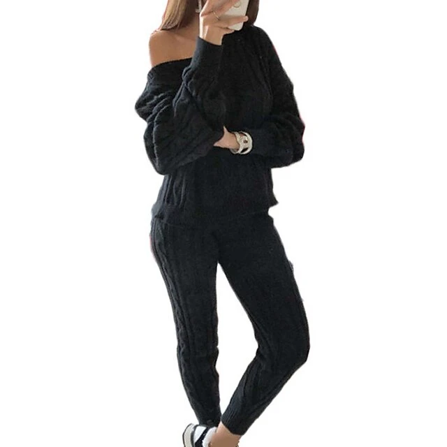 Women's Loungewear Sweatsuit Sets 2 Pieces Pure Color Warm Fashion Sport Home Street Airport Knit Off Shoulder Long Sleeve Sweater Pant Fall Winter Lotus Pink Black 13 Women's Loungewear Sweatsuit Sets 2 Pieces Pure Color Warm Fashion Sport Home Street Airport Knit Off Shoulder Long Sleeve Sweater Pant Fall Winter Lotus Pink Black - Image 13