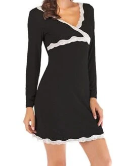 Women's Pajamas Nightgown Nighty Pure Color Simple Comfort Home Daily Bed Modal Breathable Gift V Wire Long Sleeve Lace Basic Spring Summer Black Gray -Deals The Sexy Bra Store drsdyx1647237800264