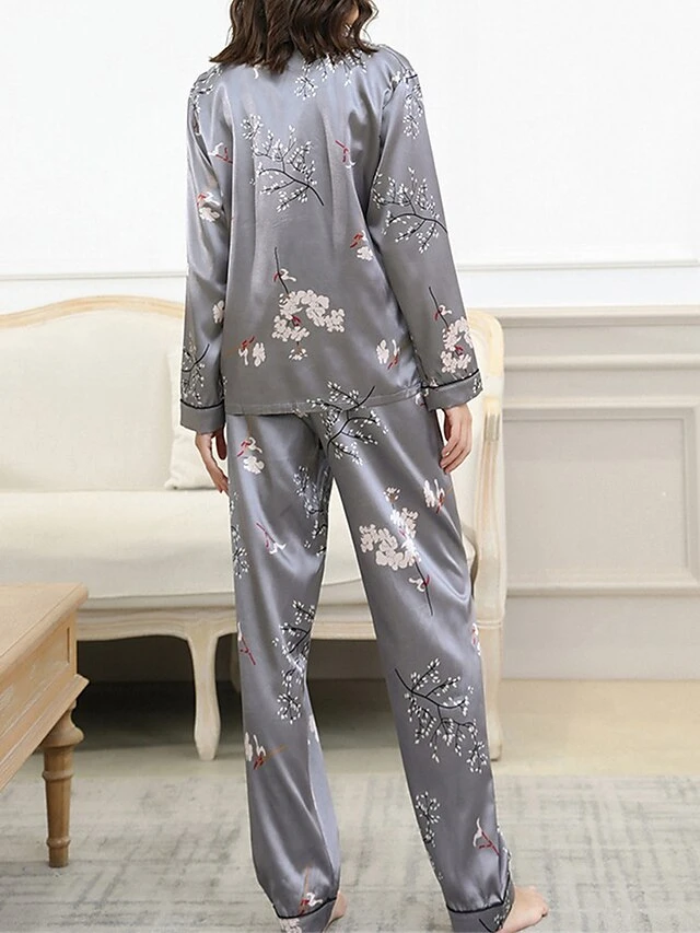 Women's Pajamas Sets Flower Fashion Comfort Soft Home Daily Bed Satin Breathable Lapel Long Sleeve Shirt Pant Button Pocket Fall Winter Black Gray 6 Women's Pajamas Sets Flower Fashion Comfort Soft Home Daily Bed Satin Breathable Lapel Long Sleeve Shirt Pant Button Pocket Fall Winter Black Gray - Image 6