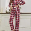 Women's Loungewear Sets Grid / Plaid Fashion Comfort Soft Xmas Home Christmas Daily Cotton Breathable Lapel Long Sleeve Shirt Pant Button Elastic Waist Fall Winter Red