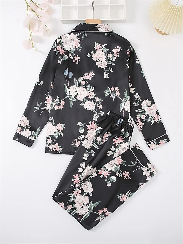 Women's Pajamas Sets Flower Fashion Comfort Soft Home Daily Bed Satin Breathable Lapel Long Sleeve Shirt Pant Button Pocket Fall Winter Black Gray 8 Women's Pajamas Sets Flower Fashion Comfort Soft Home Daily Bed Satin Breathable Lapel Long Sleeve Shirt Pant Button Pocket Fall Winter Black Gray - Image 8