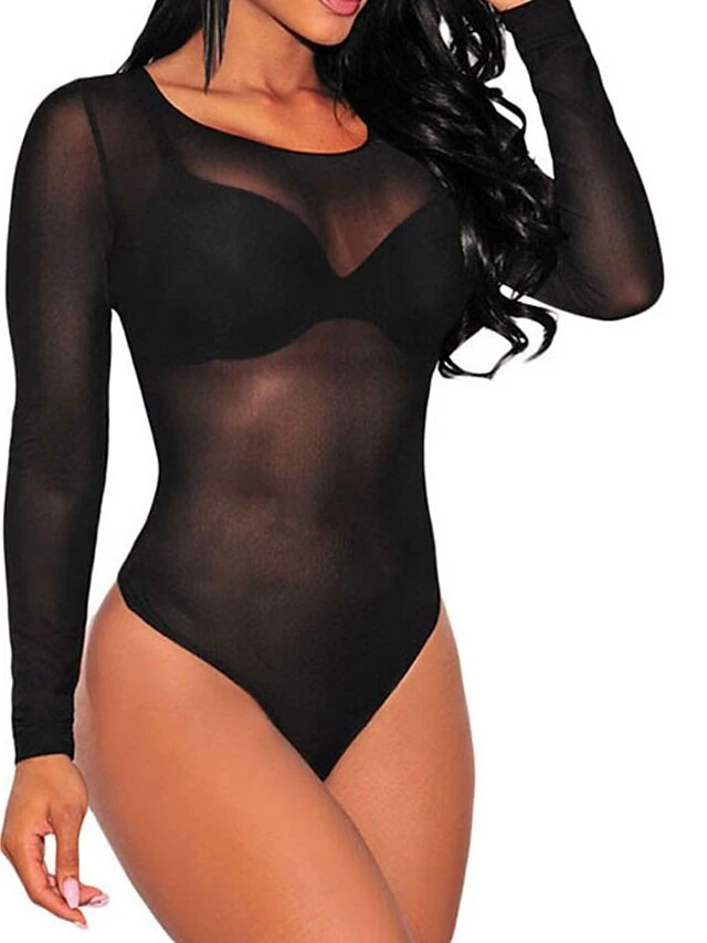 Women's Sexy Bodies Teddies & Bodysuits 1 Pc Pure Color Simple Fashion See Through Home Daily Bed Polyester Breathable Crew Neck Long Sleeve Mesh Basic Spring Summer White Black / Soft / Transparent 5 Women's Sexy Bodies Teddies & Bodysuits 1 Pc Pure Color Simple Fashion See Through Home Daily Bed Polyester Breathable Crew Neck Long Sleeve Mesh Basic Spring Summer White Black / Soft / Transparent - Image 5