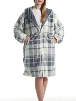 Women's Robe Grid / Plaid Plush Casual Comfort Home Daily Bed Flannel Warm Breathable Hoodie Long Sleeve Pocket Fall Winter Gray -Deals The Sexy Bra Store duxcpp1695373706416