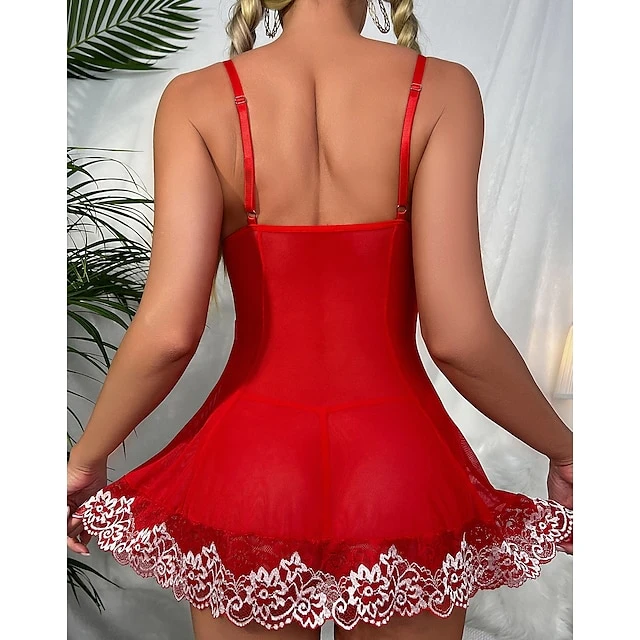 Women's Christmas Sexy Bodies Chemises & Negligees 2 Pieces Flower Fashion See Through Soft Bed Xmas Valentine‘s Day Lace Straps Sleeveless Transparent Including Panties Garter Belts Summer Red 2 Women's Christmas Sexy Bodies Chemises & Negligees 2 Pieces Flower Fashion See Through Soft Bed Xmas Valentine‘s Day Lace Straps Sleeveless Transparent Including Panties Garter Belts Summer Red - Image 2