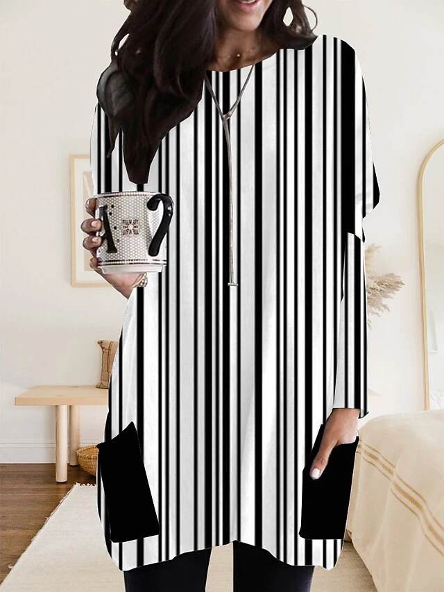 Women's Nightgown Stripe Fashion Comfort Home Daily Polyester Crew Neck Long Sleeve Pocket Fall Winter Black White 2 Women's Nightgown Stripe Fashion Comfort Home Daily Polyester Crew Neck Long Sleeve Pocket Fall Winter Black White - Image 2