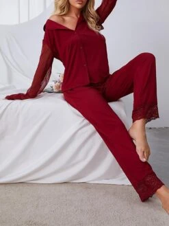Women's Loungewear Sets Pure Color Fashion Comfort Soft Wedding Party Polyester Breathable Lapel Sleeveless Shirt Pant Button Fall Winter Black Red -Deals The Sexy Bra Store dvgsvh1692602327835