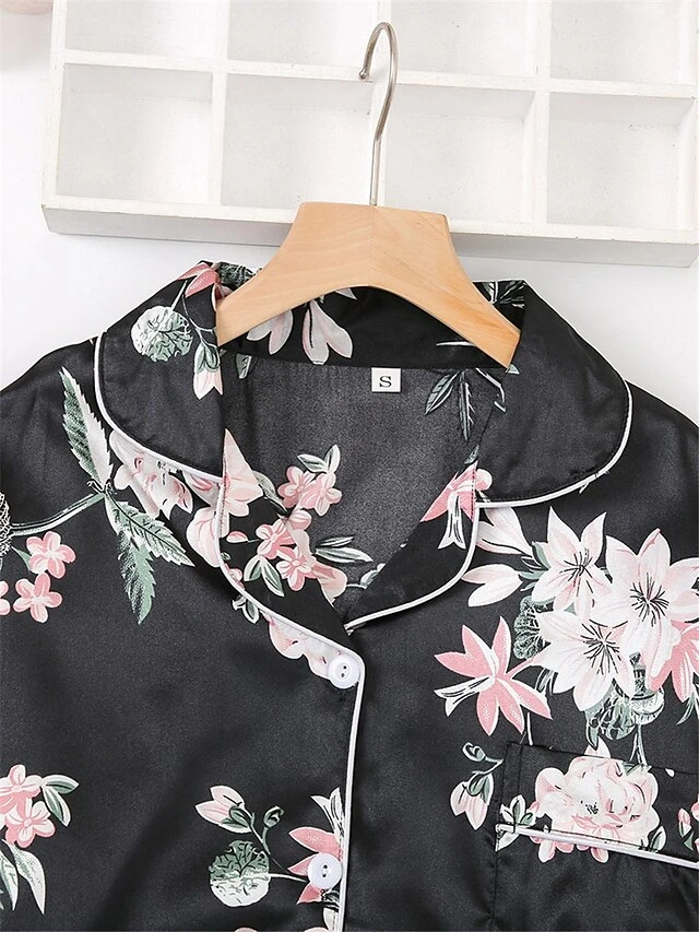Women's Pajamas Sets Flower Fashion Comfort Soft Home Daily Bed Satin Breathable Lapel Long Sleeve Shirt Pant Button Pocket Fall Winter Black Gray 9 Women's Pajamas Sets Flower Fashion Comfort Soft Home Daily Bed Satin Breathable Lapel Long Sleeve Shirt Pant Button Pocket Fall Winter Black Gray - Image 9