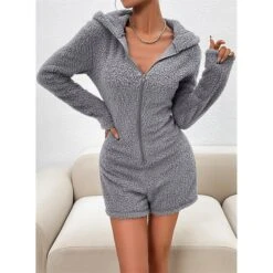 Women's Hooded Teddy Romper Pajamas Solid Warm Fashion Simple Street Daily Vacation Hoodie Long Sleeve Fall Winter Black Purple