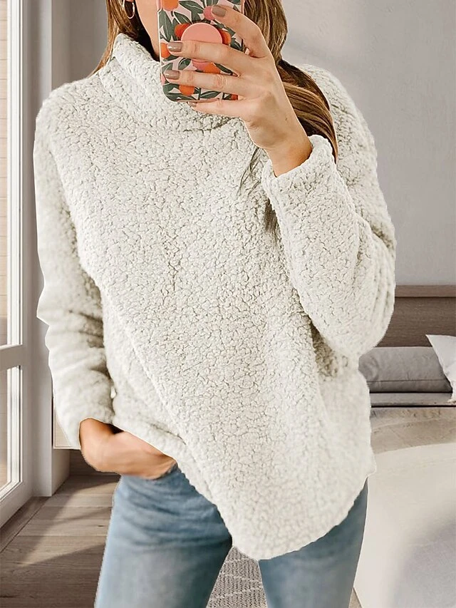 Women's Fleece Turtleneck Lounge Top Pure Color Plush Casual Comfort Home Street Daily Polar Fleece Warm Stand Collar Long Sleeve Pullover Fall Winter Black White 5 Women's Fleece Turtleneck Lounge Top Pure Color Plush Casual Comfort Home Street Daily Polar Fleece Warm Stand Collar Long Sleeve Pullover Fall Winter Black White - Image 5