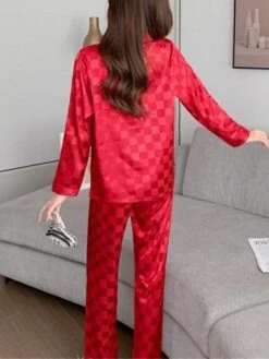 Women's Satin Silk Lounge Sets 2 Pieces Grid / Plaid Fashion Casual Comfort Street Daily Date Silk Breathable Lapel Long Sleeve Pant Button Pocket Summer Fall Black White 16 Women's Satin Silk Lounge Sets 2 Pieces Grid / Plaid Fashion Casual Comfort Street Daily Date Silk Breathable Lapel Long Sleeve Pant Button Pocket Summer Fall Black White -Deals The Sexy Bra Store dxsiod1689581322165