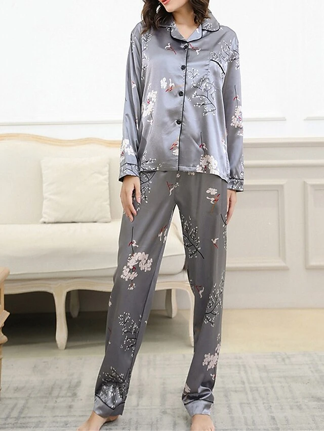 Women's Pajamas Sets Flower Fashion Comfort Soft Home Daily Bed Satin Breathable Lapel Long Sleeve Shirt Pant Button Pocket Fall Winter Black Gray 5 Women's Pajamas Sets Flower Fashion Comfort Soft Home Daily Bed Satin Breathable Lapel Long Sleeve Shirt Pant Button Pocket Fall Winter Black Gray - Image 5