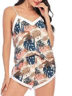 Women's Pajamas Pajama Top And Pant Sets Flower Leaves Fashion Casual Soft Home Daily Bed Lace Breathable Straps Sleeveless Strap Top Shorts Summer Spring Light Pink Yellow -Deals The Sexy Bra Store dzsiew1681464666804