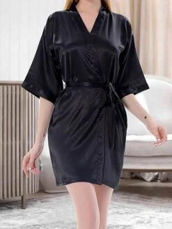 Women's Satin Silk Robe Bathrobe Robes Gown Pure Color Fashion Casual Comfort Home Daily Bed Satin Breathable V Wire Half Sleeve Summer Fall Black White -Deals The Sexy Bra Store eaocwu1689598033025
