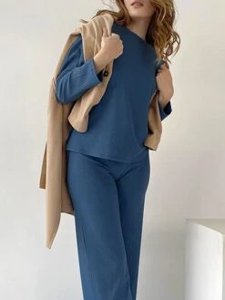 Women's Rib Knit Lounge Sets Pure Color Casual Comfort Soft Home Street Daily Polyester Breathable Crew Neck Long Sleeve Pant Elastic Waist Summer Fall Black Blue -Deals The Sexy Bra Store eappsr1689845875959