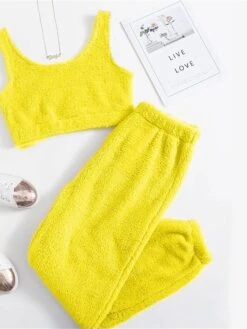 Women's Solid Plush Tank Top And Pants Lounge Sets Casual Comfort Soft Home Street Daily Polyester Breathable Elastic Waist Fall Winter Black White -Deals The Sexy Bra Store eawhfu1688541593886