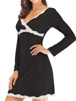 Women's Pajamas Nightgown Nighty Pure Color Simple Comfort Home Daily Bed Modal Breathable Gift V Wire Long Sleeve Lace Basic Spring Summer Black Gray -Deals The Sexy Bra Store eawopb1647237800804