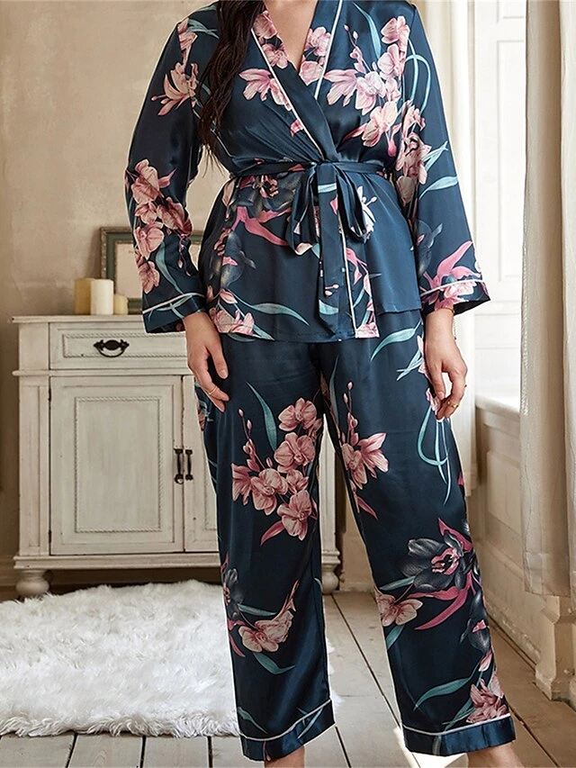 Women's Plus Size Pajamas Pajama Top And Pant Sets Flower Casual Comfort Soft Home Daily Bed Satin Breathable V Wire Long Sleeve Shirt Pant Summer Spring Black Green 7 Women's Plus Size Pajamas Pajama Top And Pant Sets Flower Casual Comfort Soft Home Daily Bed Satin Breathable V Wire Long Sleeve Shirt Pant Summer Spring Black Green - Image 7