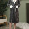 Women's Flannel Robe Pure Color Simple Casual Comfort Home Daily Bed Breathable V Wire Long Sleeve Pocket Belt Included Hoodie Fall Winter 2120 Gray 2120 Navy Blue