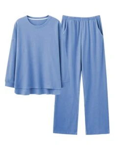 Women's Loungewear Sets Pure Color Fashion Casual Comfort Street Daily Going Out Cotton Breathable Crew Neck Long Sleeve Pant Summer Fall Blue Green -Deals The Sexy Bra Store echkgj1693300620479