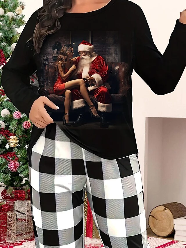 Women's Plus Size Christmas Pajamas Sets Santa Claus Grid / Plaid Warm Comfort Soft Home Christmas Daily Polyester Gift Crew Neck Long Sleeve T Shirt Tee Fall Winter Black White 4 Women's Plus Size Christmas Pajamas Sets Santa Claus Grid / Plaid Warm Comfort Soft Home Christmas Daily Polyester Gift Crew Neck Long Sleeve T Shirt Tee Fall Winter Black White - Image 4