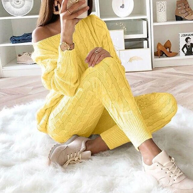 Women's Loungewear Sweatsuit Sets 2 Pieces Pure Color Warm Fashion Sport Home Street Airport Knit Off Shoulder Long Sleeve Sweater Pant Fall Winter Lotus Pink Black 4 Women's Loungewear Sweatsuit Sets 2 Pieces Pure Color Warm Fashion Sport Home Street Airport Knit Off Shoulder Long Sleeve Sweater Pant Fall Winter Lotus Pink Black - Image 4