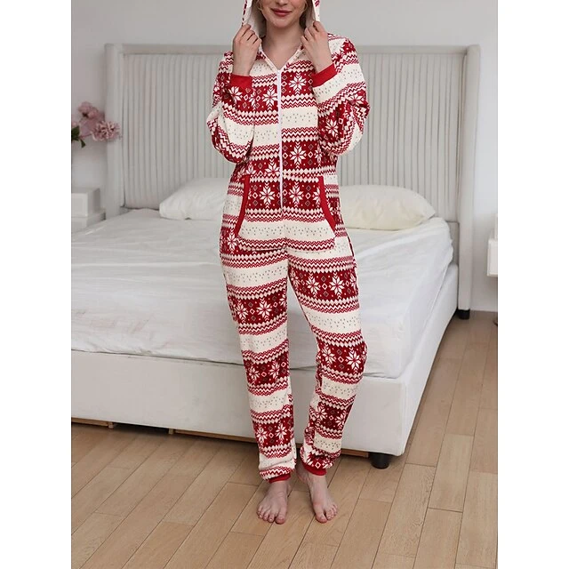 Women's Pajamas Jumpsuit Elk Snowflake Warm Fashion Casual Xmas Home Christmas Daily Polyester Breathable Hoodie Long Sleeve Pocket Fall Winter Black White 3 Women's Pajamas Jumpsuit Elk Snowflake Warm Fashion Casual Xmas Home Christmas Daily Polyester Breathable Hoodie Long Sleeve Pocket Fall Winter Black White - Image 3