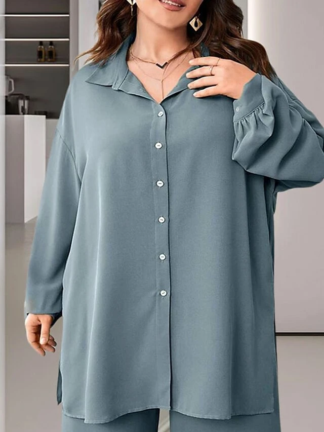 Women's Plus Size Loungewear Sets Pure Color Fashion Comfort Soft Home Daily Bed Polyester Breathable Lapel Long Sleeve Shirt Pant Button Fall Winter Blue 5 Women's Plus Size Loungewear Sets Pure Color Fashion Comfort Soft Home Daily Bed Polyester Breathable Lapel Long Sleeve Shirt Pant Button Fall Winter Blue - Image 5