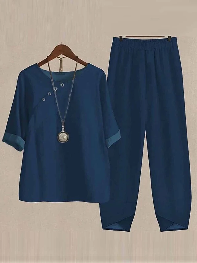 Women's 2 Piece Loungewear Sets Linen Breathable Crew Neck Half Sleeve T Shirts And Wide Leg Pants Cat Butterfly Leave Print Summer Spring Navy Blue Green S 6XL 3 Women's 2 Piece Loungewear Sets Linen Breathable Crew Neck Half Sleeve T Shirts And Wide Leg Pants Cat Butterfly Leave Print Summer Spring Navy Blue Green S 6XL - Image 3