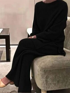 Women's Pajamas Sets Pure Color Fashion Casual Soft Home Daily Bed Knit Breathable Crew Neck Long Sleeve Pant Fall Winter Black Blue -Deals The Sexy Bra Store ehdfdj1697793741539