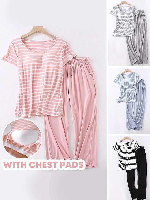 Women's 2 Piece Pajama Setswith Chest Pad Long Sleeve Stripe Shirt And Pants Crew Neck Spring Autumn Pink Blue 1 Women's 2 Piece Pajama Setswith Chest Pad Long Sleeve Stripe Shirt And Pants Crew Neck Spring Autumn Pink Blue