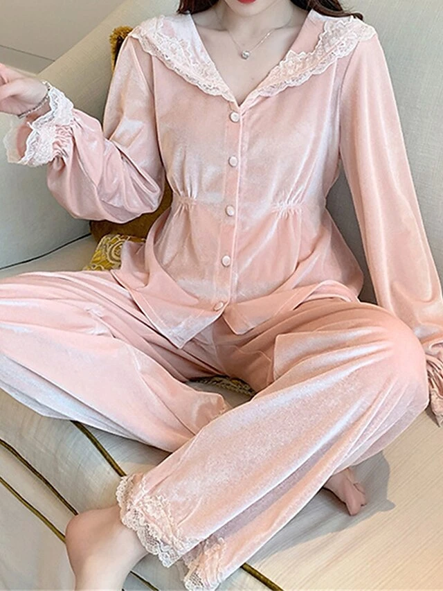 Women's Pajamas Sets Pure Color Casual Comfort Soft Home Daily Bed Velvet Breathable Lapel Long Sleeve Shirt Pant Button Fall Winter Pink Beige 1 Women's Pajamas Sets Pure Color Casual Comfort Soft Home Daily Bed Velvet Breathable Lapel Long Sleeve Shirt Pant Button Fall Winter Pink Beige