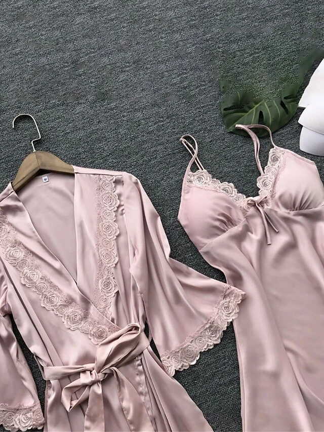 Women's Satin Silk Pajama Sets 2 Pieces Bathrobe Robes Gown Nightgown Pure Color Lovers Hot Comfort Home Daily Bed Satin Breathable V Wire Half Sleeve Summer Spring Silver Champagne 3 Women's Satin Silk Pajama Sets 2 Pieces Bathrobe Robes Gown Nightgown Pure Color Lovers Hot Comfort Home Daily Bed Satin Breathable V Wire Half Sleeve Summer Spring Silver Champagne - Image 3