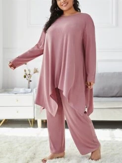 Women's Plus Size Loungewear Sets Pure Color Fashion Comfort Soft Home Daily Bed Polyester Breathable Crew Neck Long Sleeve Pullover Pant Fall Winter Dark Pink -Deals The Sexy Bra Store eiqjto1693986199950