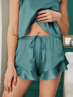 Women's Pajamas Pajama Top And Pant Sets Pure Color Simple Casual Comfort Home Daily Bed Satin Breathable Straps Sleeveless Strap Top Shorts Summer Spring Lotus Pink Black -Deals The Sexy Bra Store eizibs1687857791917