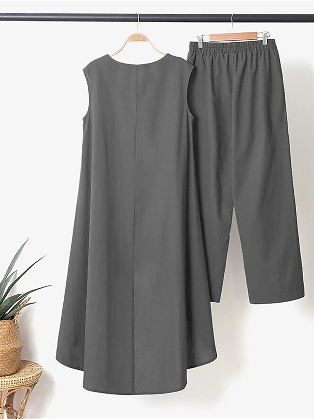 Women's Loungewear Sets Pure Color Casual Comfort Oversized Home Daily Vacation Polyester Breathable Crew Neck Sleeveless Pant Summer Spring Black Army Green 8 Women's Loungewear Sets Pure Color Casual Comfort Oversized Home Daily Vacation Polyester Breathable Crew Neck Sleeveless Pant Summer Spring Black Army Green - Image 8