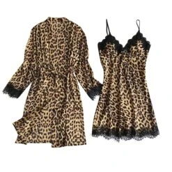 Women's Pajamas Robes Gown Nightgown Nighty 2 Pieces Leopard Simple Retro Hot Party Home Daily Polyester Breathable Gift V Wire Sleeveless Shorts Print Spring Fall Khaki -Deals The Sexy Bra Store ejhuee1637142729747