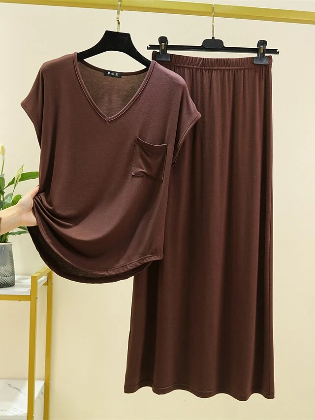 Women's Loungewear Sets Pure Color Casual Comfort Soft Home Daily Vacation Modal Breathable V Wire Short Sleeve T Shirt Tee Skirt Summer Fall Black Blue 5 Women's Loungewear Sets Pure Color Casual Comfort Soft Home Daily Vacation Modal Breathable V Wire Short Sleeve T Shirt Tee Skirt Summer Fall Black Blue - Image 5