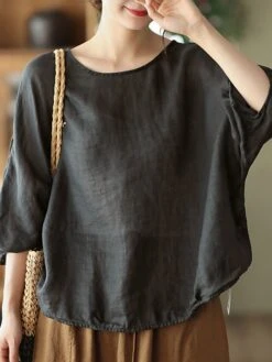 Women's Plus Size Loungewear Top Pure Color Simple Casual Comfort Home Daily Vacation Linen Breathable Crew Neck Long Sleeve Shirt Summer Spring Black Purple -Deals The Sexy Bra Store ejoklt1681275709007