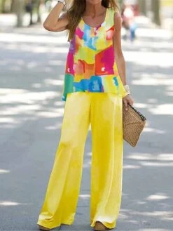 Women's Loungewear Sets Gradient Feather Print Fashion Casual Street Date Airport Polyester Breathable Crew Neck Sleeveless Top And Wide Leg Pants Summer Spring Black White -Deals The Sexy Bra Store ekgpey1679973751281